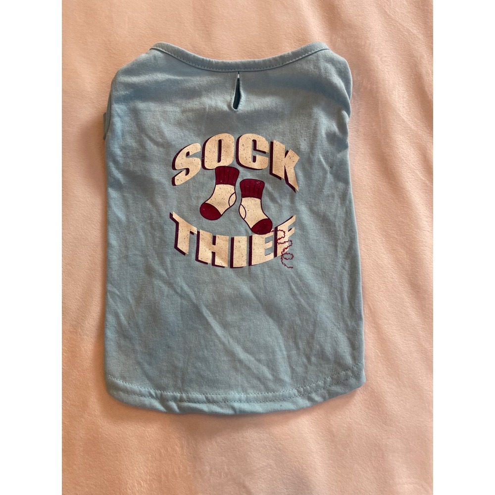 Sock Thief Pet T-Shirt Light Blue Graphic Dog Tee Leash Hole Size Small